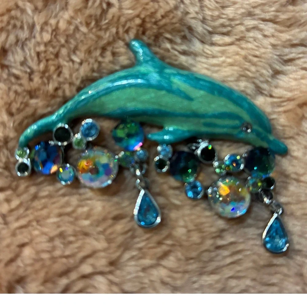 Kirks‎ Folly Dolphin Brooch Pin Teal Enamel AB Crystal Dangle Silver Tone 3 Inch